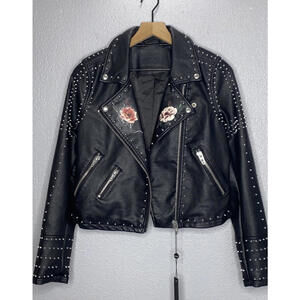 Blank NYC Small Budding Romance Faux Leather Embroidered Studded Moto Jacket